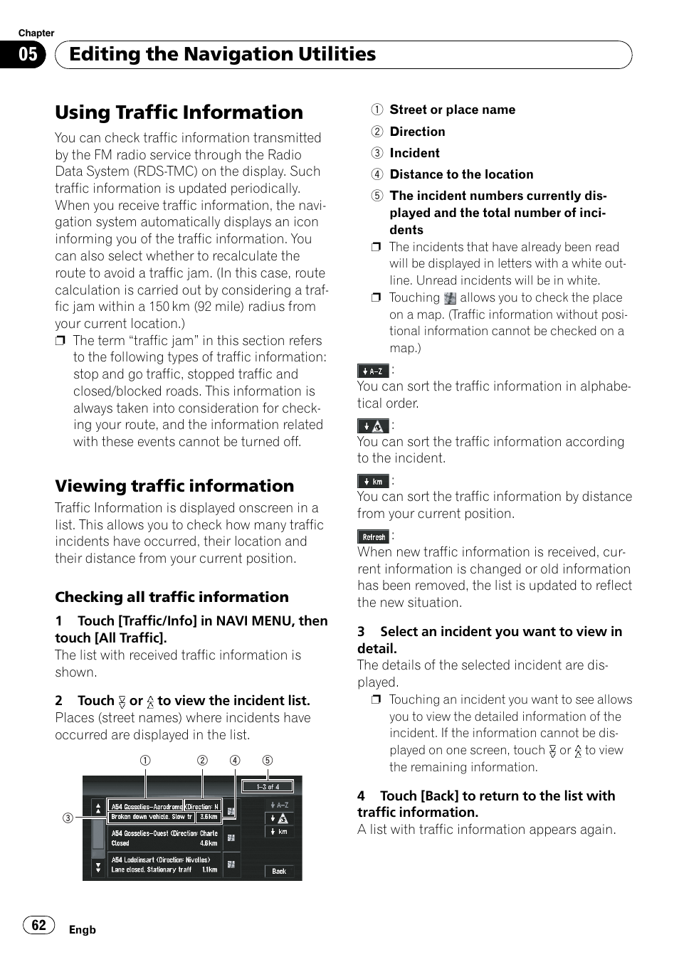 Using traffic information, Viewing traffic information 62, Checking all traffic information on | Editing the navigation utilities, Viewing traffic information | Pioneer AVIC-X3-II User Manual | Page 62 / 172