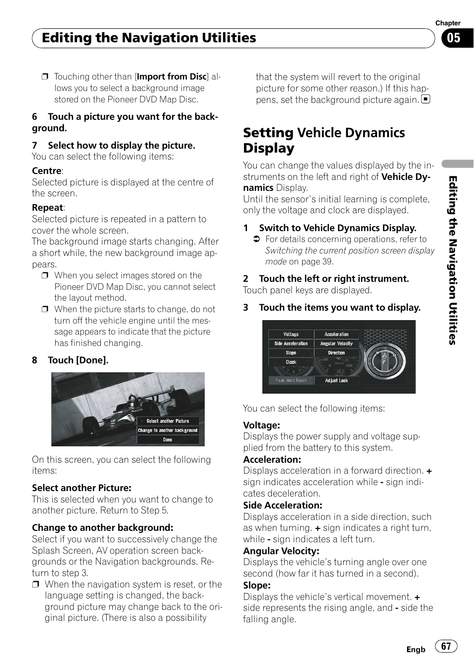 Select another picture: 67, Setting vehicle dynamics display, Voltage: 67 | Editing the navigation utilities | Pioneer AVIC-X3-II User Manual | Page 67 / 172