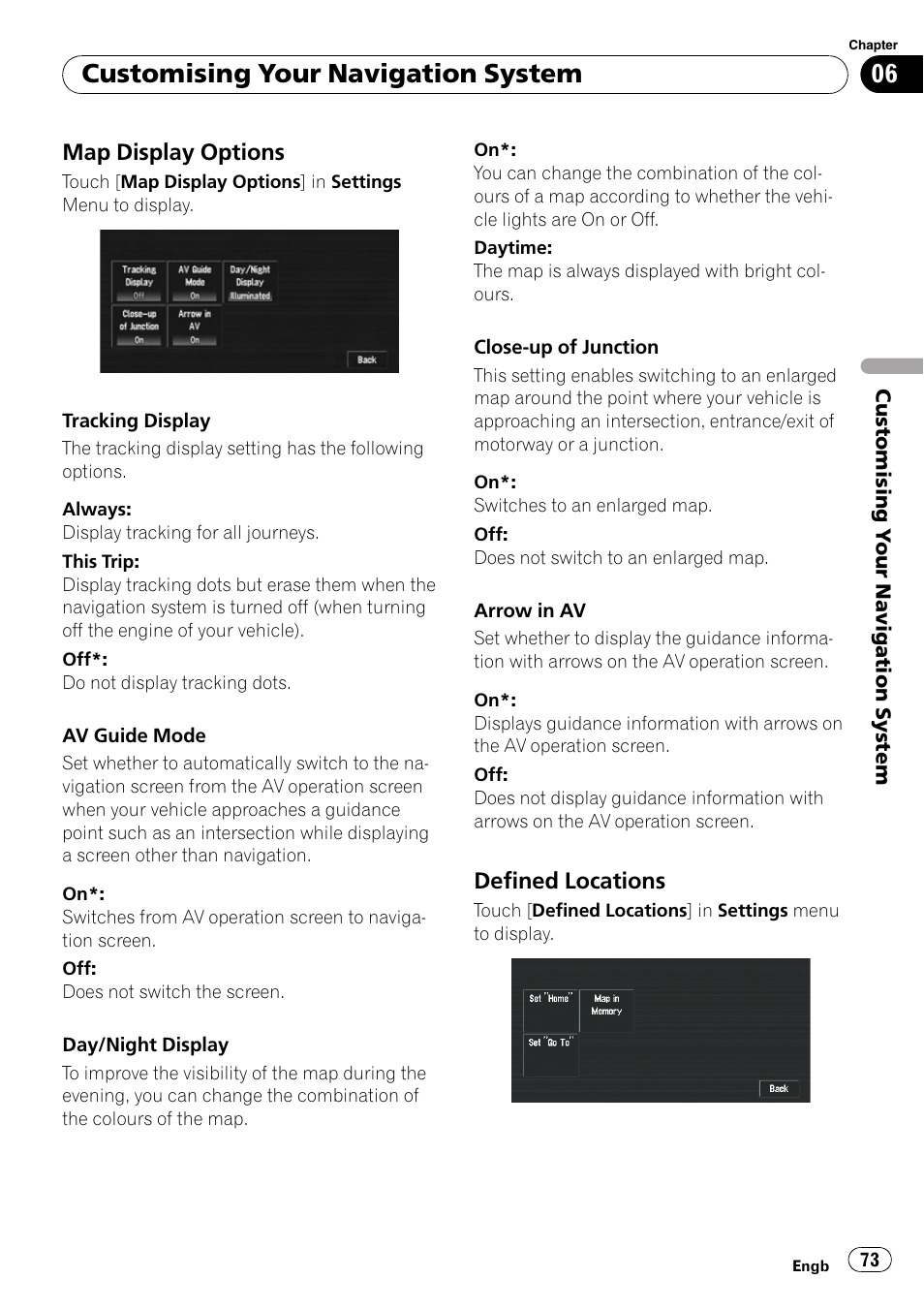 Map display options 73, Defined locations 73, Tracking display on | Customising your navigation system | Pioneer AVIC-X3-II User Manual | Page 73 / 172