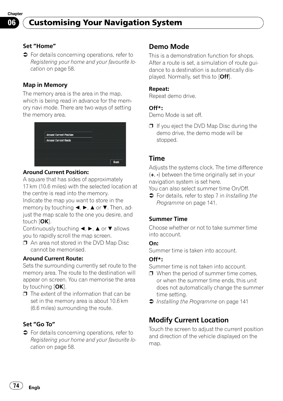 Demo mode 74, Time 74, Modify current location 74 | Customising your navigation system | Pioneer AVIC-X3-II User Manual | Page 74 / 172