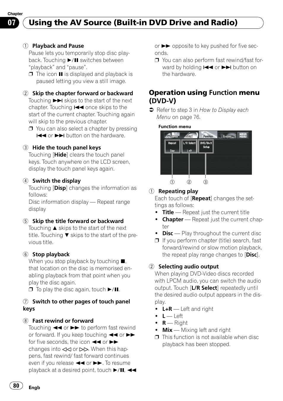 Operation using function menu (dvd, Using the av source (built-in dvd drive and radio), Operation using function menu (dvd-v) | Pioneer AVIC-X3-II User Manual | Page 80 / 172