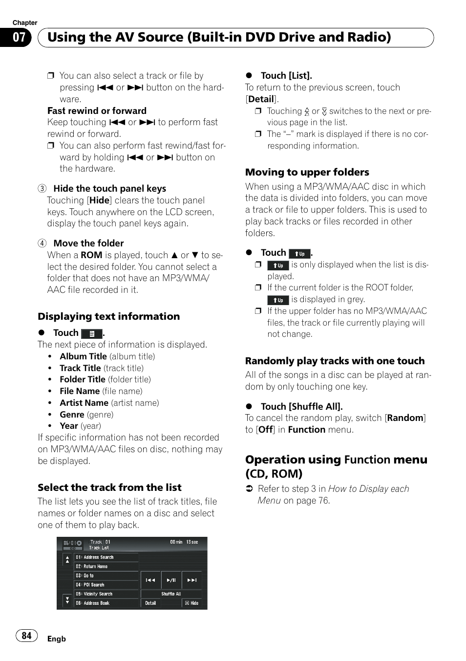 Operation using function menu (cd, Rom), Using the av source (built-in dvd drive and radio) | Operation using function menu (cd, rom) | Pioneer AVIC-X3-II User Manual | Page 84 / 172