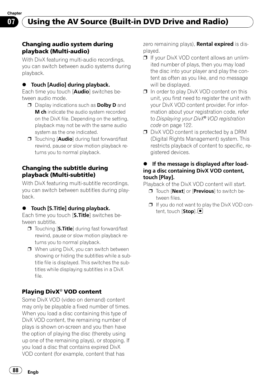 Using the av source (built-in dvd drive and radio) | Pioneer AVIC-X3-II User Manual | Page 88 / 172