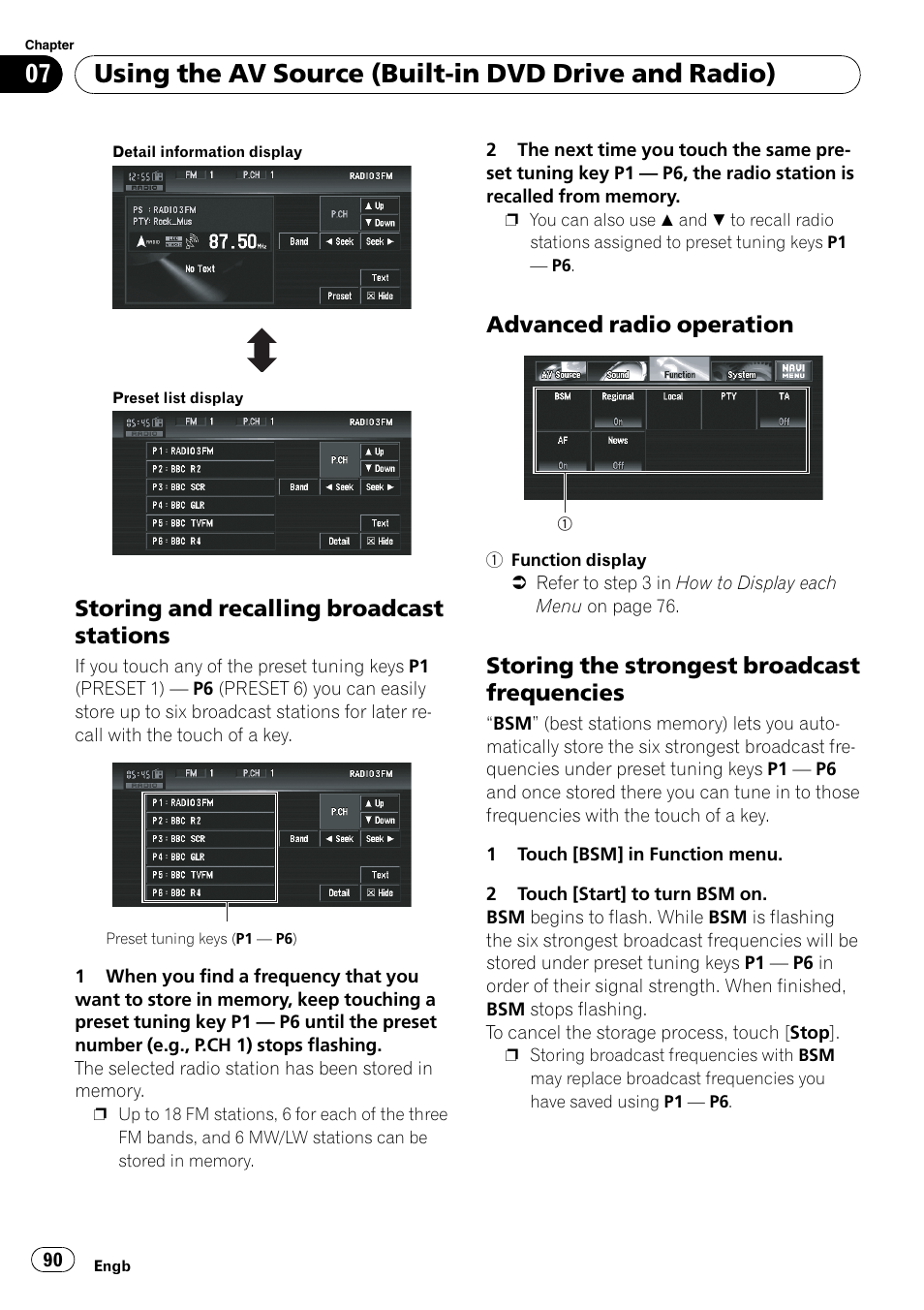 Storing and recalling broadcast, Stations, Advanced radio operation 90 | Storing the strongest broadcast, Frequencies, Using the av source (built-in dvd drive and radio), Storing and recalling broadcast stations, Advanced radio operation, Storing the strongest broadcast frequencies | Pioneer AVIC-X3-II User Manual | Page 90 / 172
