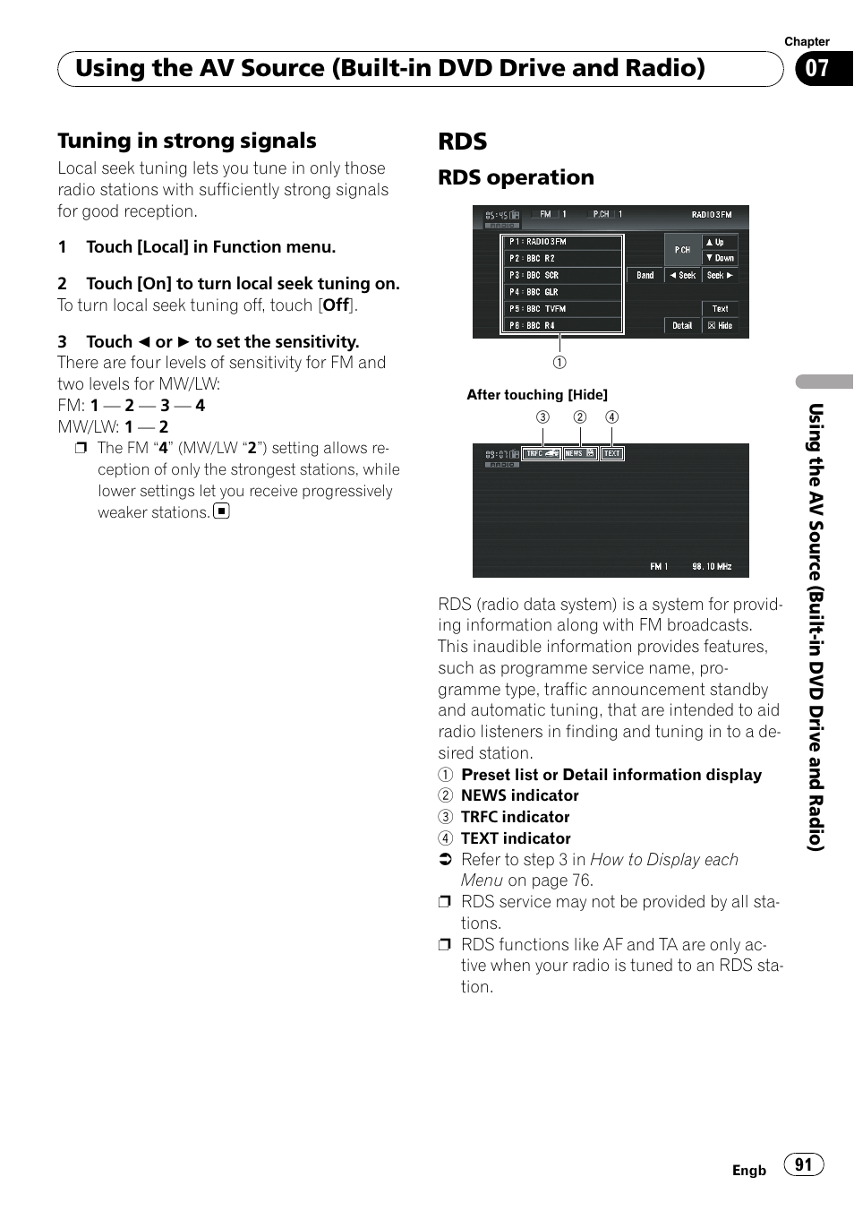 Tuning in strong signals 91, Rds operation 91, Using the av source (built-in dvd drive and radio) | Tuning in strong signals, Rds operation | Pioneer AVIC-X3-II User Manual | Page 91 / 172