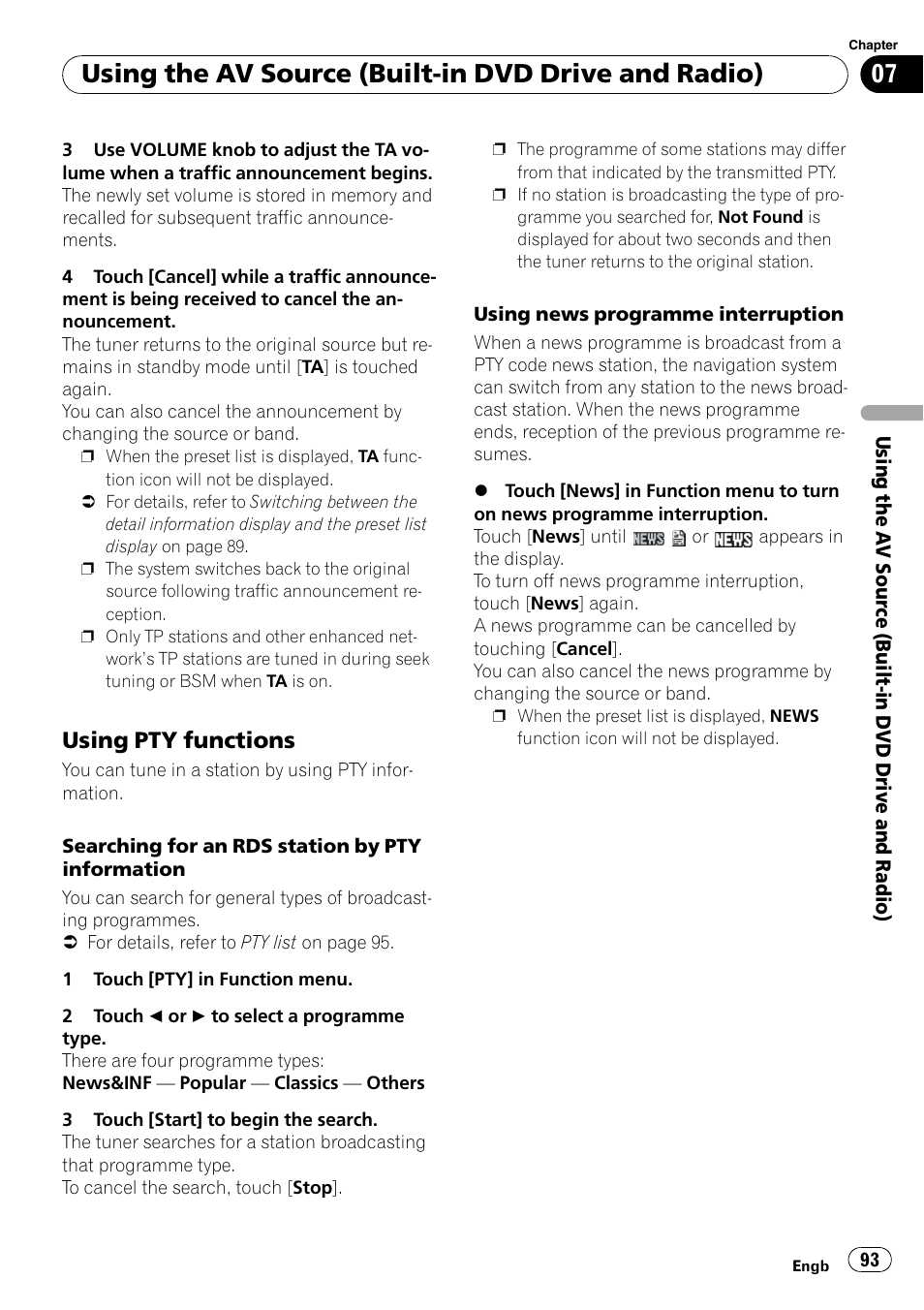Using pty functions 93, Using the av source (built-in dvd drive and radio), Using pty functions | Pioneer AVIC-X3-II User Manual | Page 93 / 172