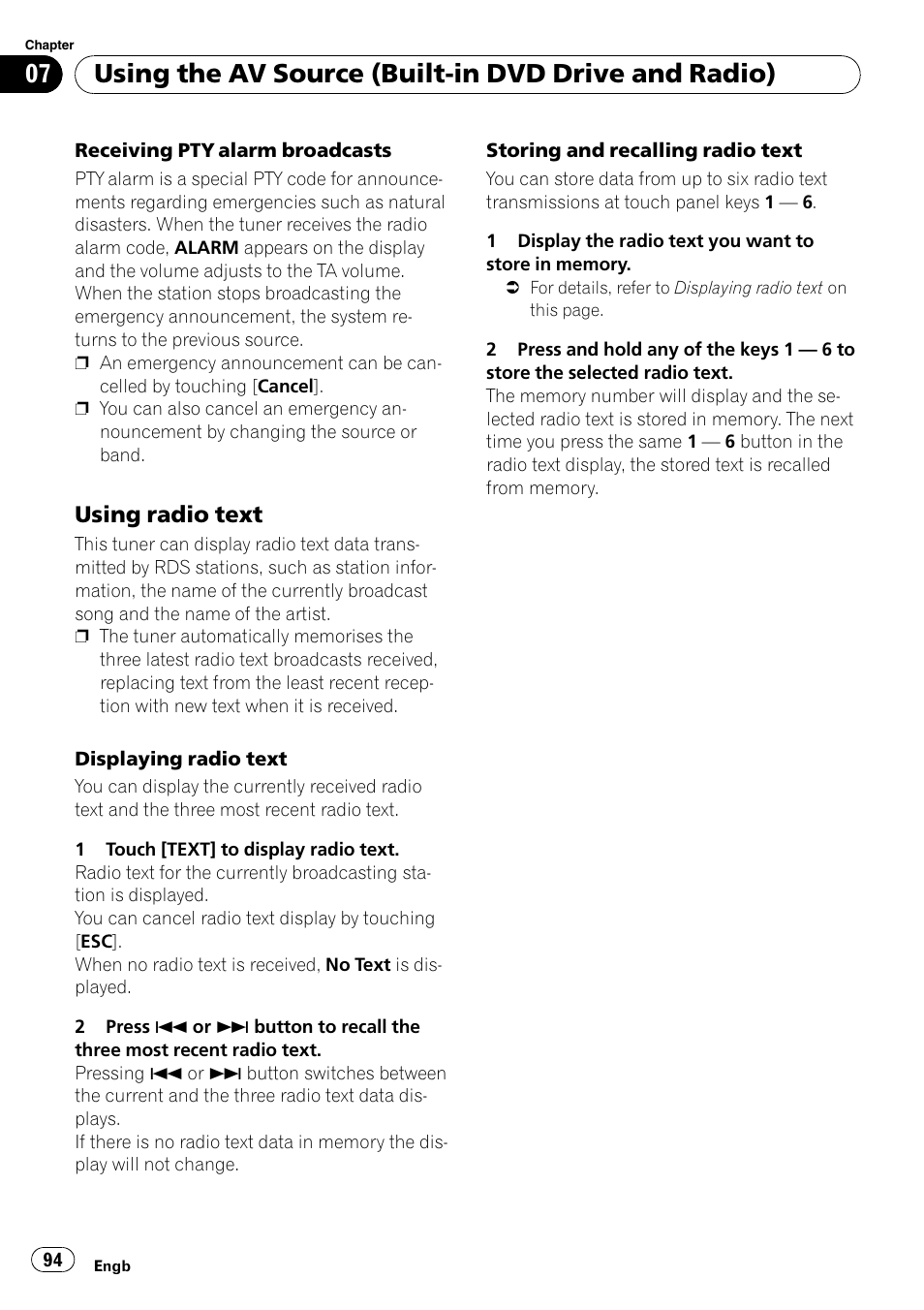 Using radio text 94, Using the av source (built-in dvd drive and radio), Using radio text | Pioneer AVIC-X3-II User Manual | Page 94 / 172