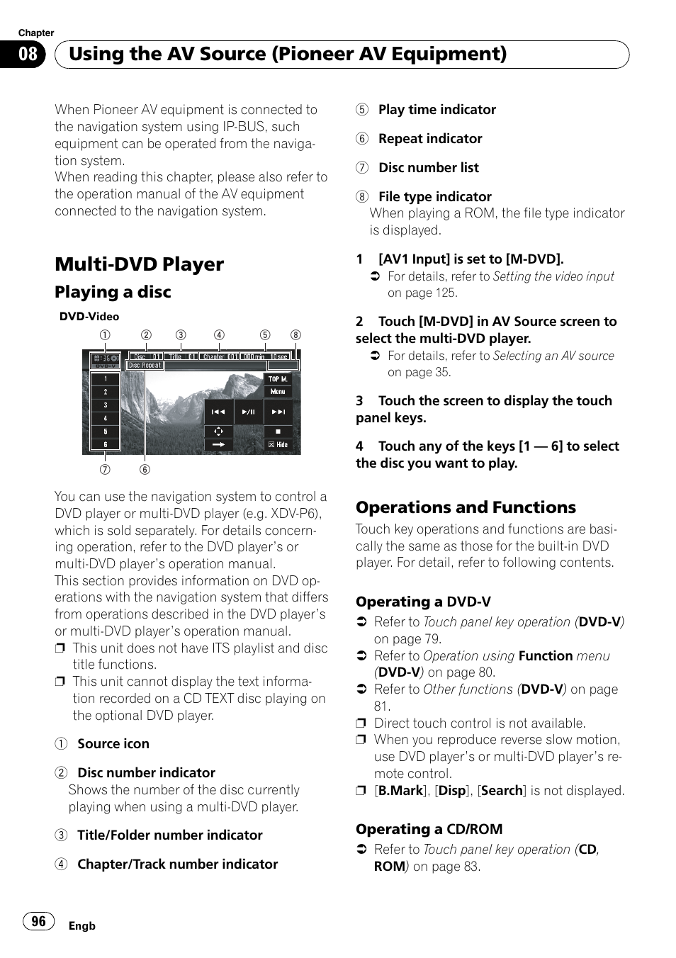 Playing a disc 96, Operations and functions 96, Multi-dvd player | Using the av source (pioneer av equipment), Playing a disc, Operations and functions | Pioneer AVIC-X3-II User Manual | Page 96 / 172