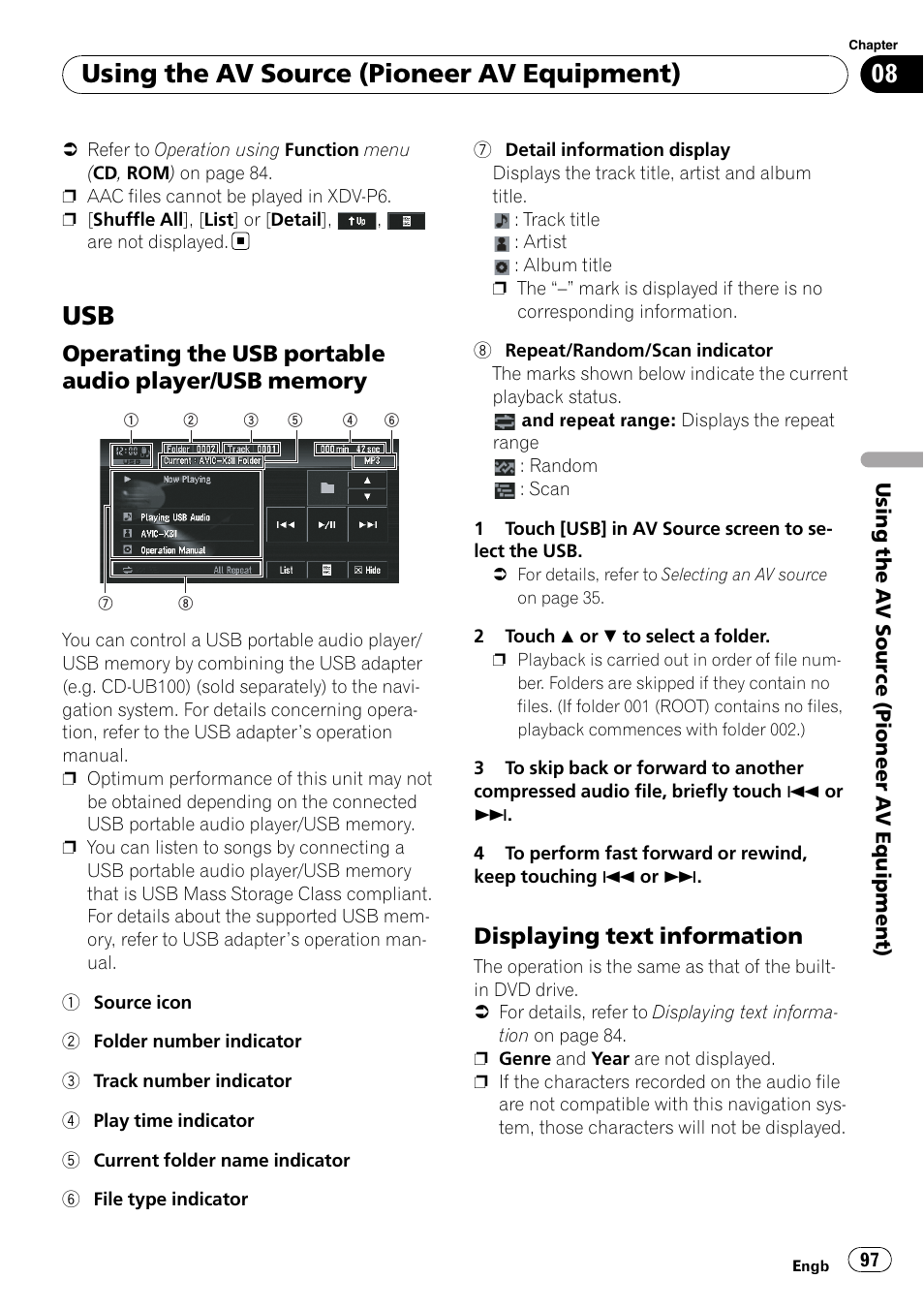 Operating the usb portable audio, Player/usb memory, Displaying text information 97 | Using the av source (pioneer av equipment), Displaying text information | Pioneer AVIC-X3-II User Manual | Page 97 / 172
