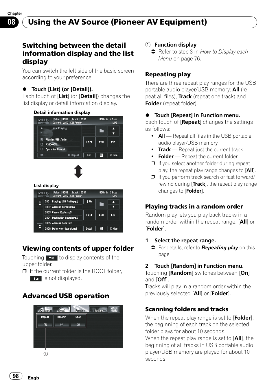 Switching between the detail, Information display and the list display, Viewing contents of upper folder 98 | Advanced usb operation 98, Using the av source (pioneer av equipment), Viewing contents of upper folder, Advanced usb operation | Pioneer AVIC-X3-II User Manual | Page 98 / 172