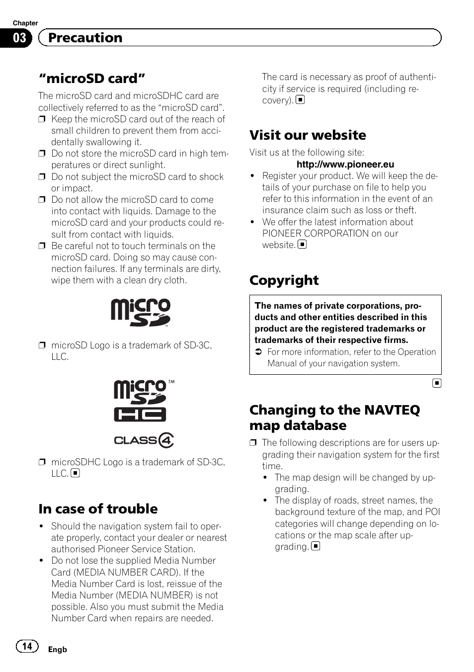 Microsd card” 14 in case of trouble, Visit our website, Copyright | Changing to the navteq map database, Microsd card, 03 precaution | Pioneer AVIC-F20BT User Manual | Page 14 / 32