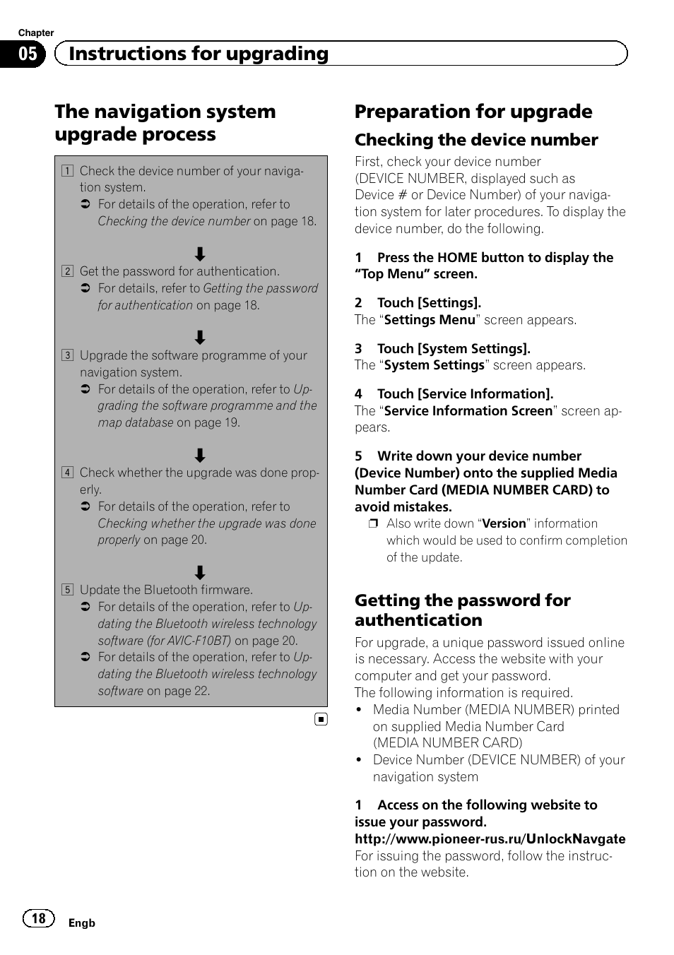Preparation for upgrade, Checking the device number 18, Getting the password for | Authentication, The navigation system upgrade process, 05 instructions for upgrading, Checking the device number, Getting the password for authentication | Pioneer AVIC-F20BT User Manual | Page 18 / 32
