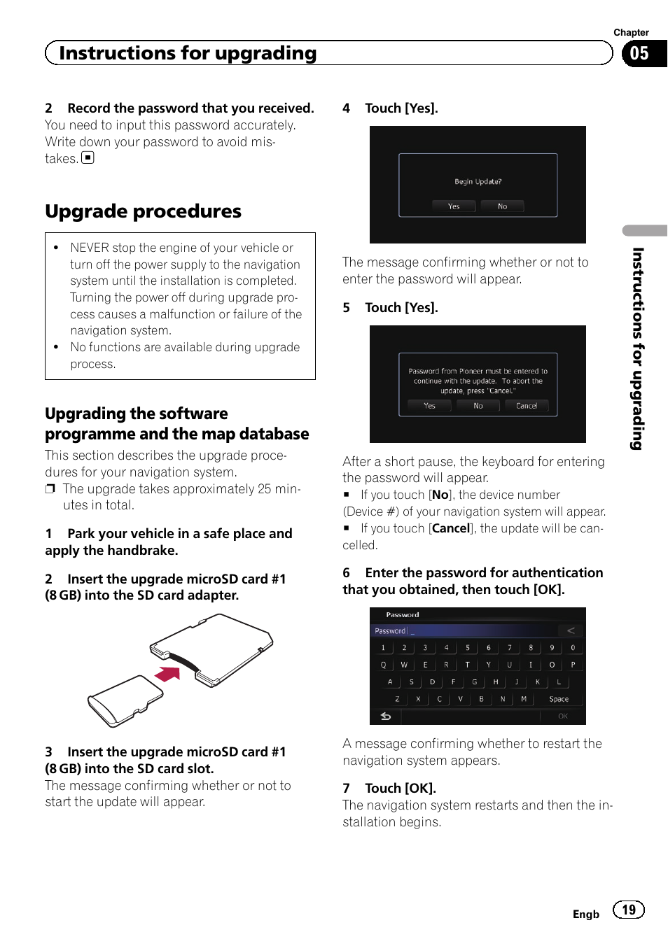 Upgrade procedures, Upgrading the software programme, And the map database | Instructions for upgrading | Pioneer AVIC-F20BT User Manual | Page 19 / 32