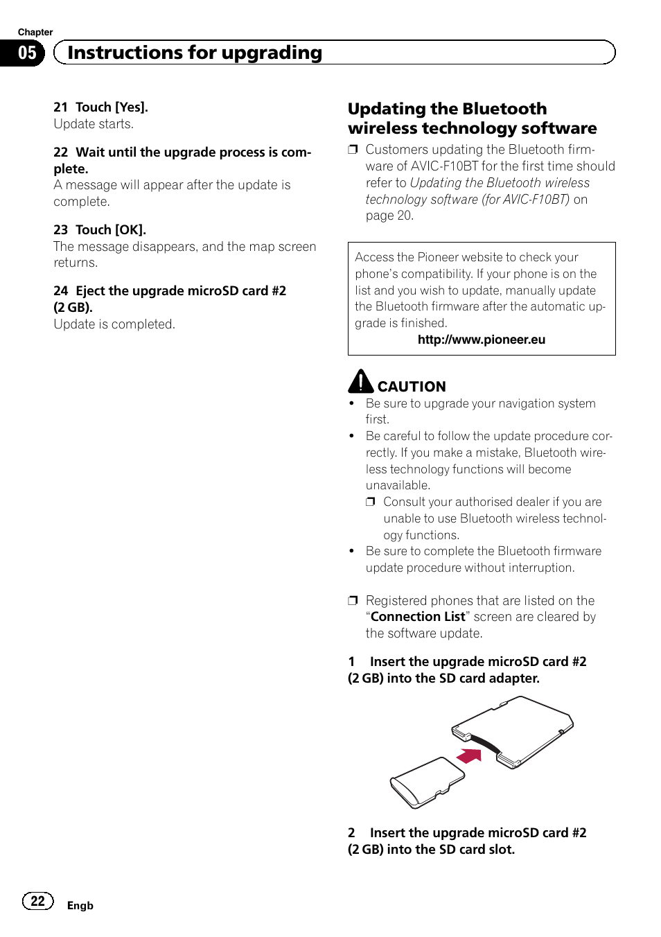 Updating the bluetooth wireless, Technology software, 05 instructions for upgrading | Pioneer AVIC-F20BT User Manual | Page 22 / 32