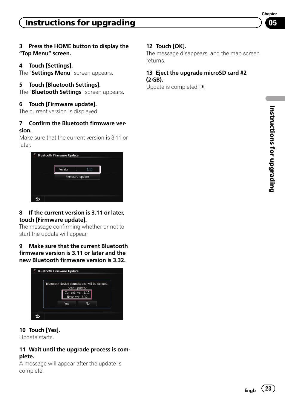Instructions for upgrading | Pioneer AVIC-F20BT User Manual | Page 23 / 32