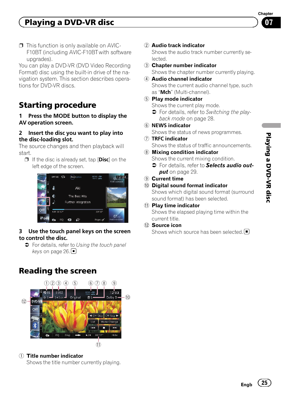 Playing a dvd-vr disc starting procedure, Reading the screen, Starting procedure | Playing a dvd-vr disc | Pioneer AVIC-F20BT User Manual | Page 25 / 32