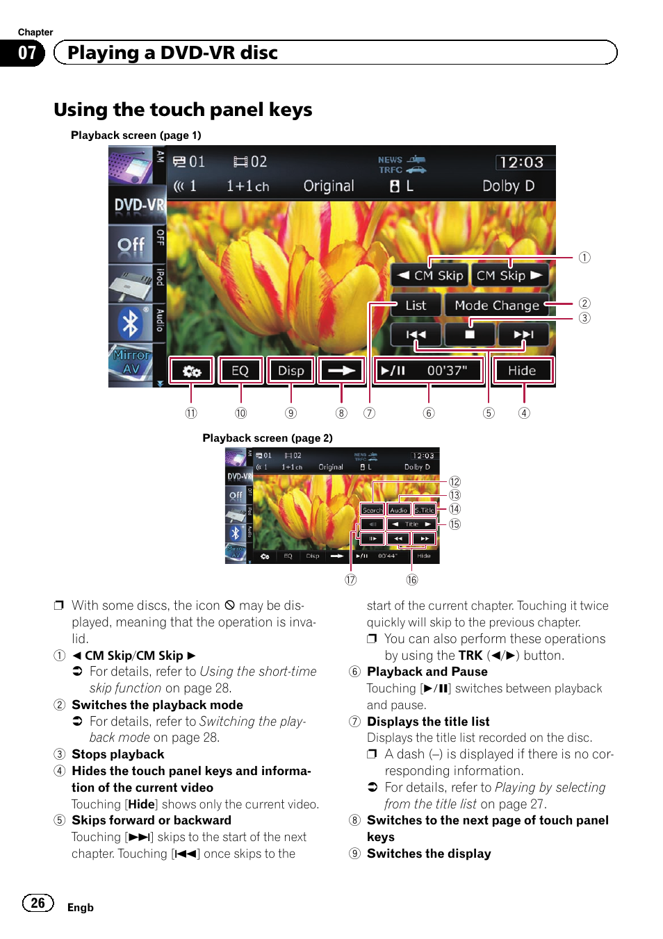 Using the touch panel keys, Using the touch panel, 07 playing a dvd-vr disc | Pioneer AVIC-F20BT User Manual | Page 26 / 32