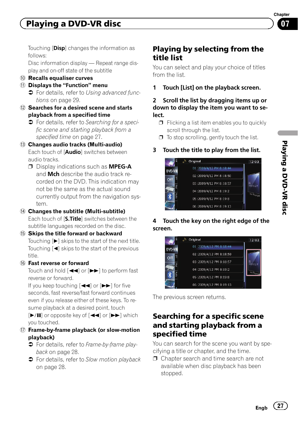 Playing by selecting from the title, List, Searching for a specific scene and | Starting playback from a specified time, Playing by selecting, Playing a dvd-vr disc, Playing by selecting from the title list | Pioneer AVIC-F20BT User Manual | Page 27 / 32