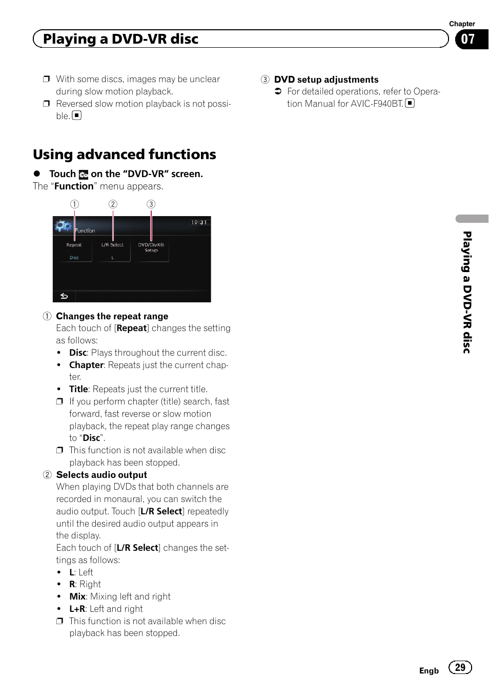 Using advanced functions, Selects audio out, Using advanced func | Playing a dvd-vr disc | Pioneer AVIC-F20BT User Manual | Page 29 / 32