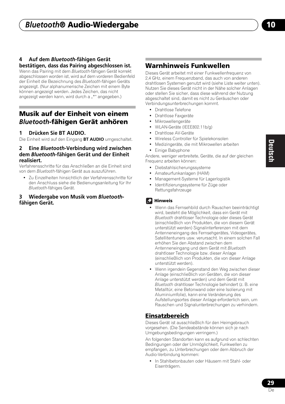 Einsatzbereich, Bluetooth ® audio-wiedergabe, Warnhinweis funkwellen | Pioneer X-SMC00BT User Manual | Page 101 / 256