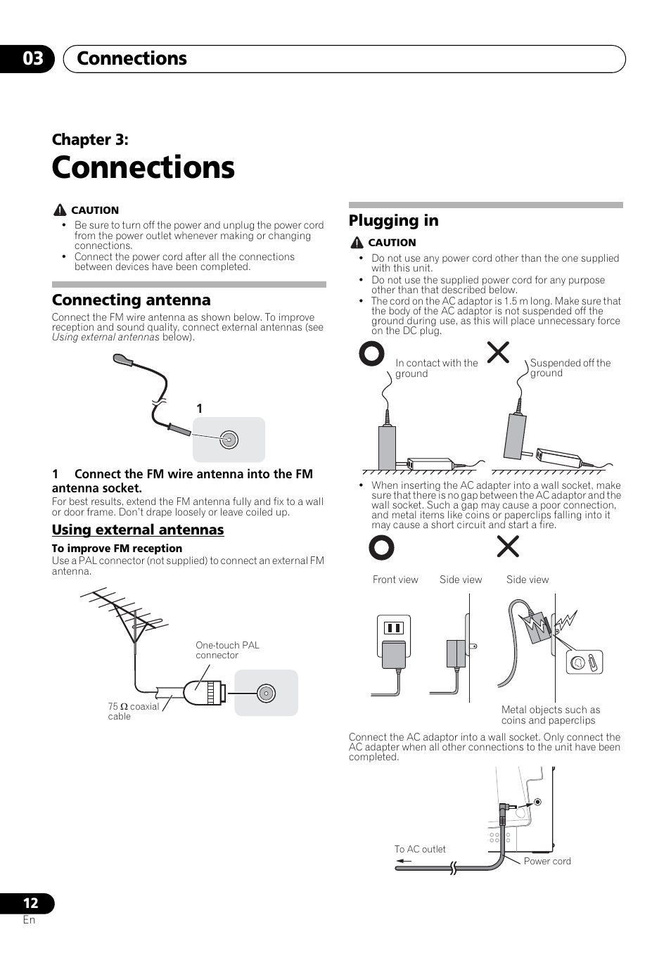 03 connections, Connecting antenna, Using external antennas | Plugging in, Connections, Connections 03, Chapter 3 | Pioneer X-SMC00BT User Manual | Page 12 / 256