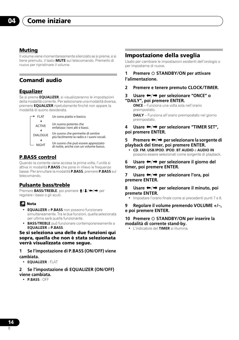 Muting, Comandi audio, Equalizer p.bass control pulsante bass/treble | Impostazione della sveglia, Come iniziare 04, Equalizer, P.bass control, Pulsante bass/treble | Pioneer X-SMC00BT User Manual | Page 122 / 256