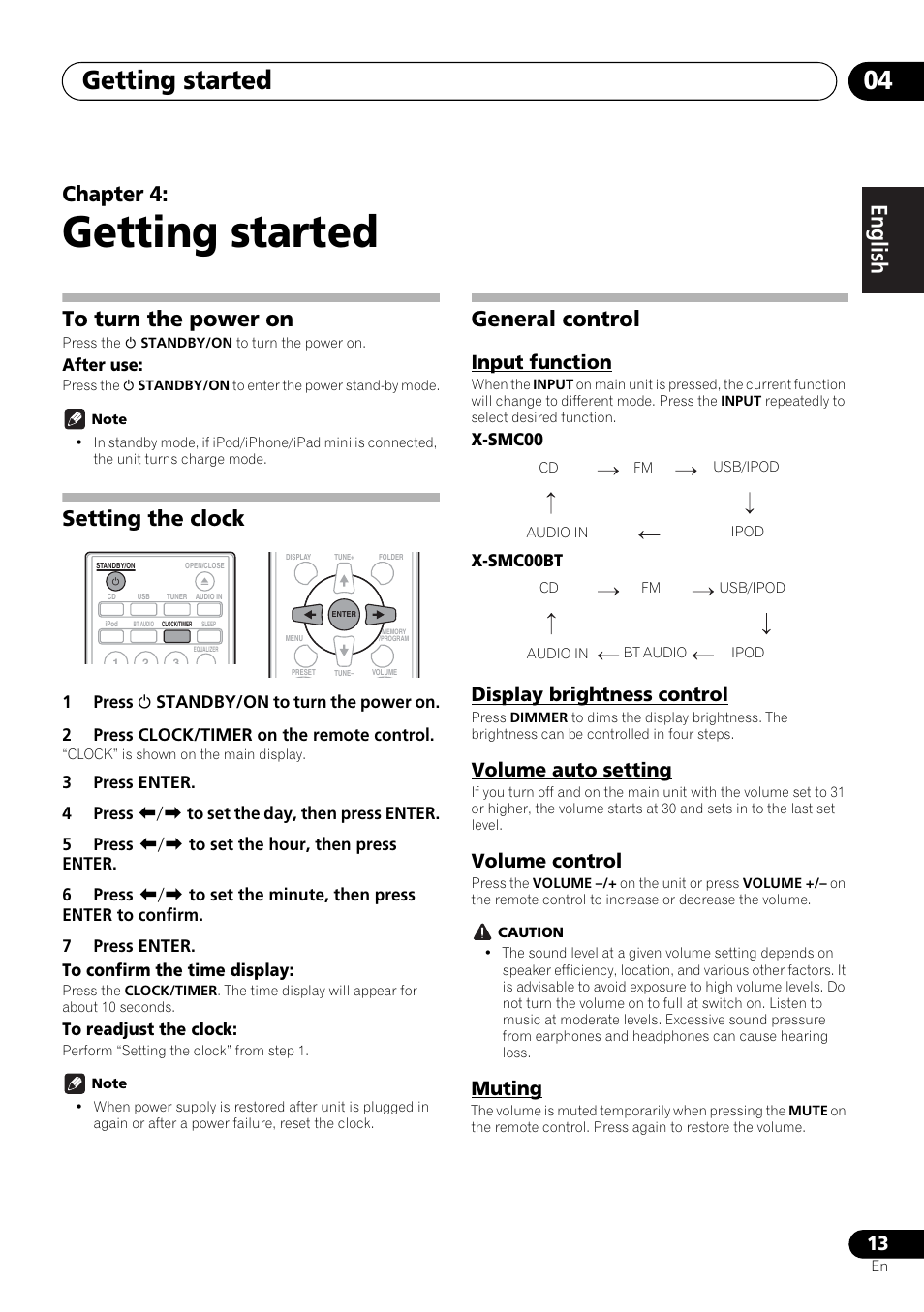 04 getting started, Getting started, Getting started 04 | English français español, Chapter 4, Setting the clock, General control, Input function, Display brightness control, Volume auto setting | Pioneer X-SMC00BT User Manual | Page 13 / 256