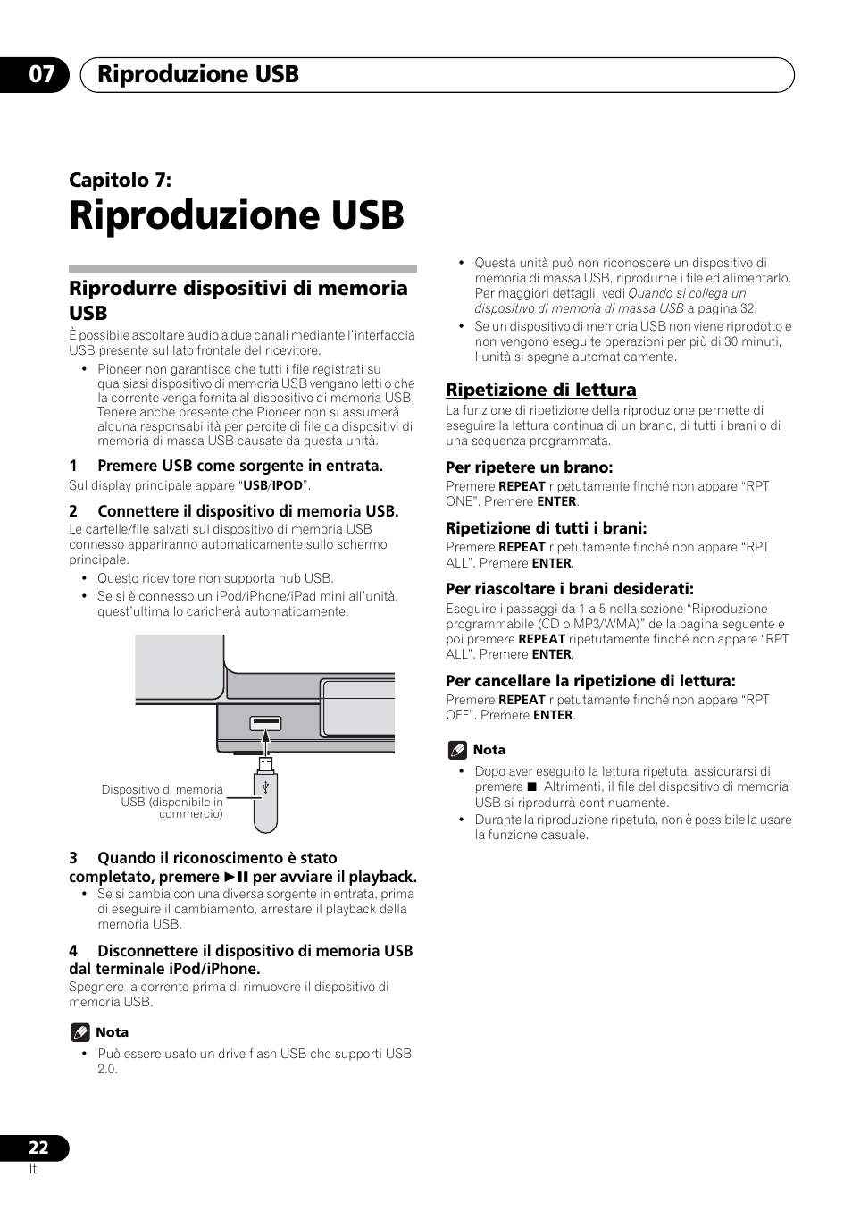 07 riproduzione usb, Riprodurre dispositivi di memoria usb, Ripetizione di lettura | Riproduzione usb, Riproduzione usb 07, Capitolo 7 | Pioneer X-SMC00BT User Manual | Page 130 / 256