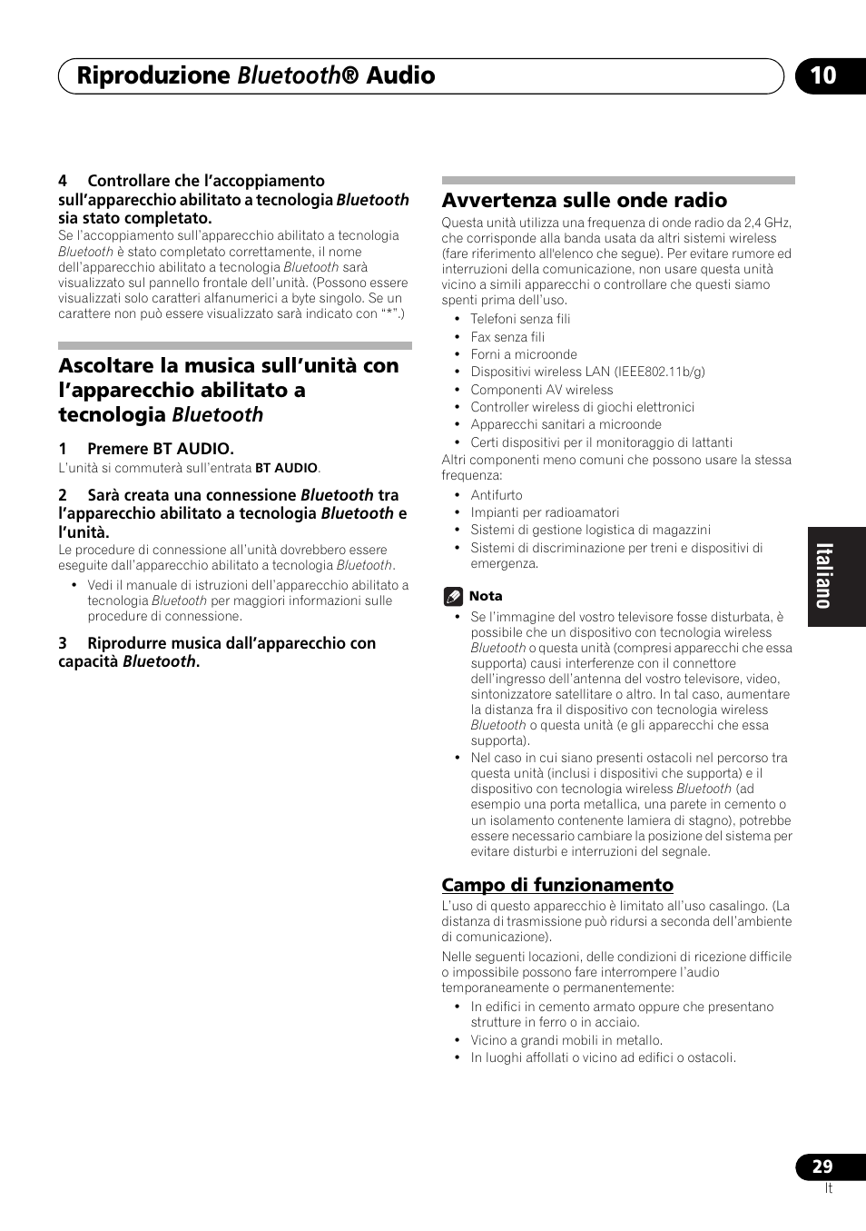 Campo di funzionamento, Riproduzione bluetooth ® audio, Avvertenza sulle onde radio | Pioneer X-SMC00BT User Manual | Page 137 / 256