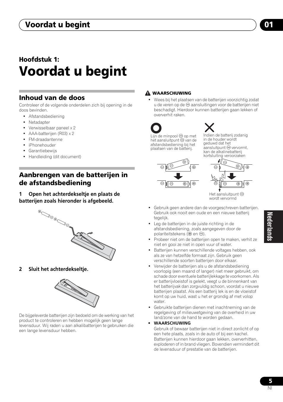 01 voordat u begint, Voordat u begint, Voordat u begint 01 | Hoofdstuk 1, Inhoud van de doos | Pioneer X-SMC00BT User Manual | Page 149 / 256