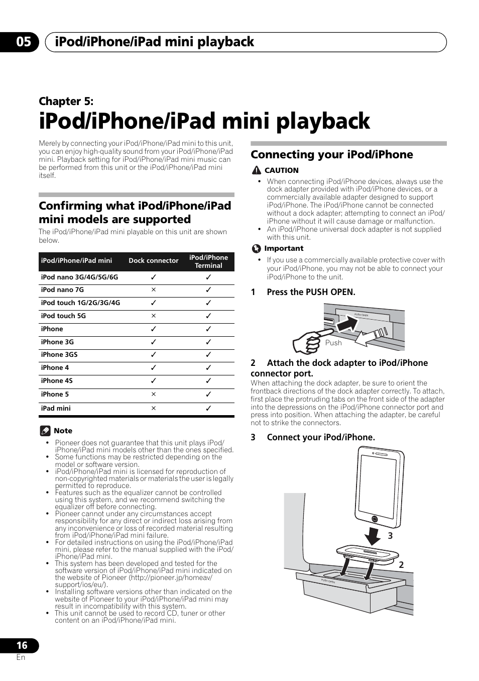 05 ipod/iphone/ipad mini playback, Ipod/iphone/ipad mini playback, Ipod/iphone/ipad mini playback 05 | Chapter 5, Connecting your ipod/iphone | Pioneer X-SMC00BT User Manual | Page 16 / 256