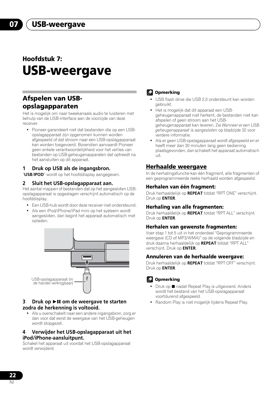 07 usb-weergave, Afspelen van usb-opslagapparaten, Herhaalde weergave | Usb-weergave, Usb-weergave 07, Hoofdstuk 7, Afspelen van usb- opslagapparaten | Pioneer X-SMC00BT User Manual | Page 166 / 256