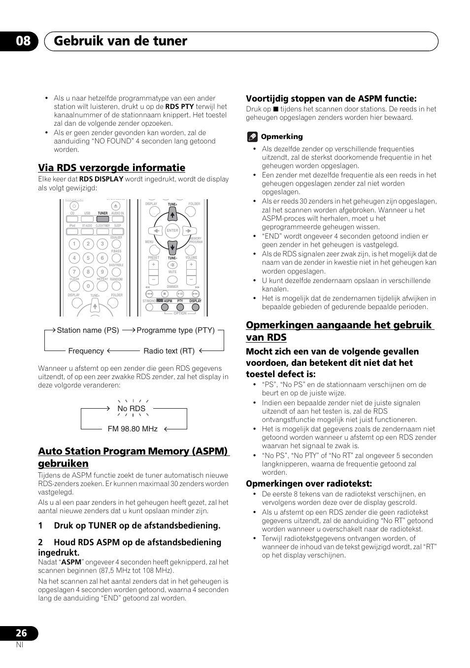 Gebruik van de tuner 08, Via rds verzorgde informatie, Opmerkingen aangaande het gebruik van rds | Voortijdig stoppen van de aspm functie, Opmerkingen over radiotekst | Pioneer X-SMC00BT User Manual | Page 170 / 256