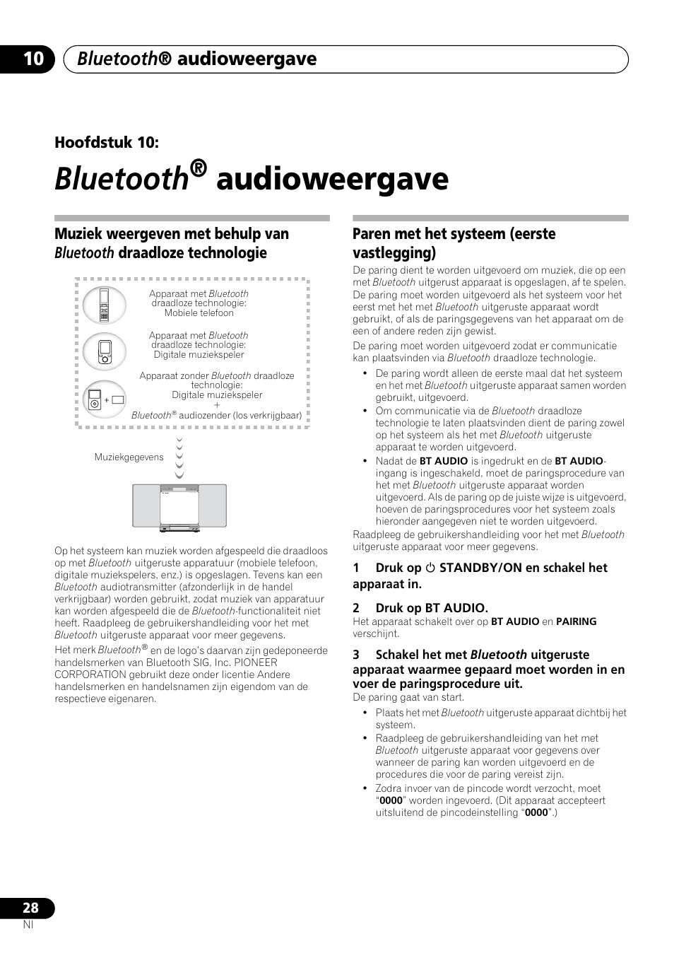 10 bluetooth, Audioweergave, Bluetooth | Bluetooth ® audioweergave, Hoofdstuk 10, Paren met het systeem (eerste vastlegging) | Pioneer X-SMC00BT User Manual | Page 172 / 256