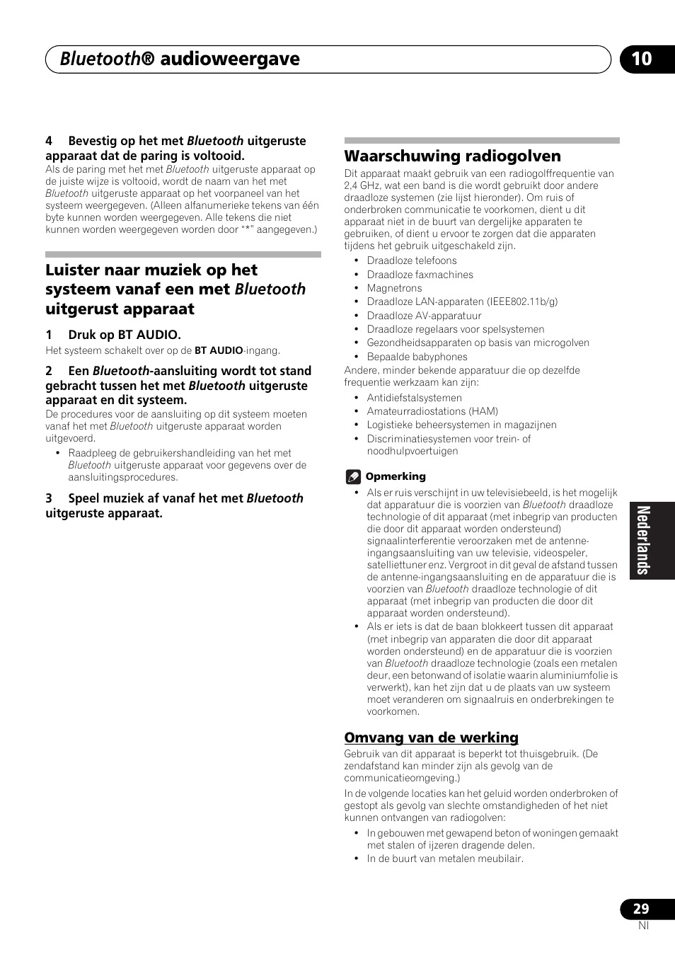Omvang van de werking, Bluetooth ® audioweergave, Waarschuwing radiogolven | Pioneer X-SMC00BT User Manual | Page 173 / 256
