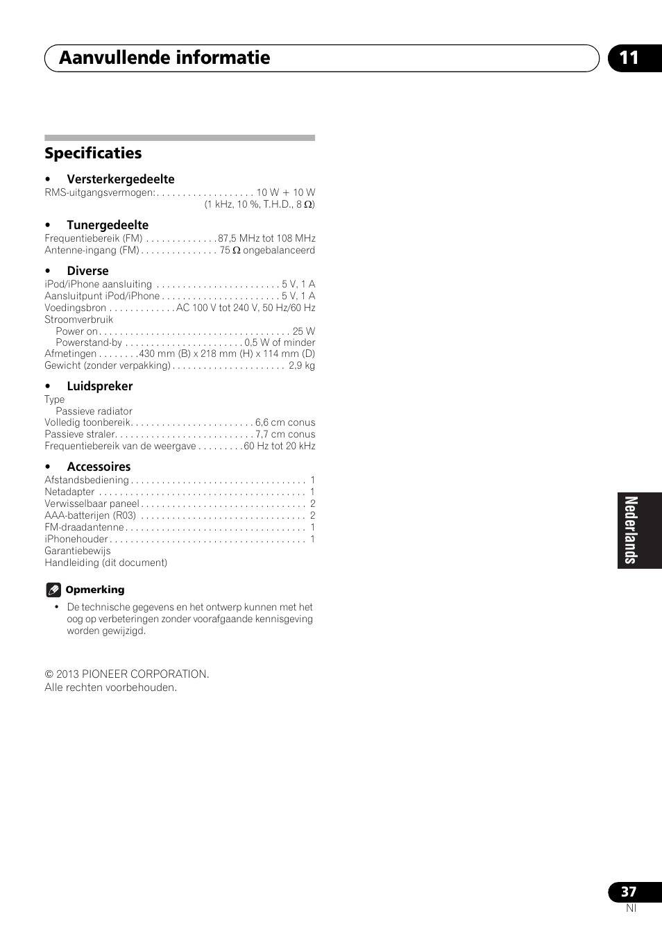 Specificaties, Aanvullende informatie 11 | Pioneer X-SMC00BT User Manual | Page 181 / 256