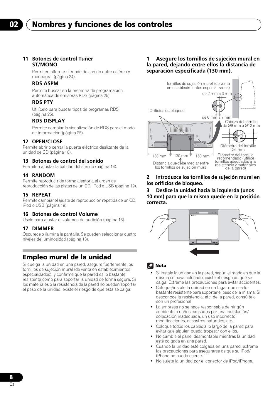 Empleo mural de la unidad, Nombres y funciones de los controles 02 | Pioneer X-SMC00BT User Manual | Page 188 / 256