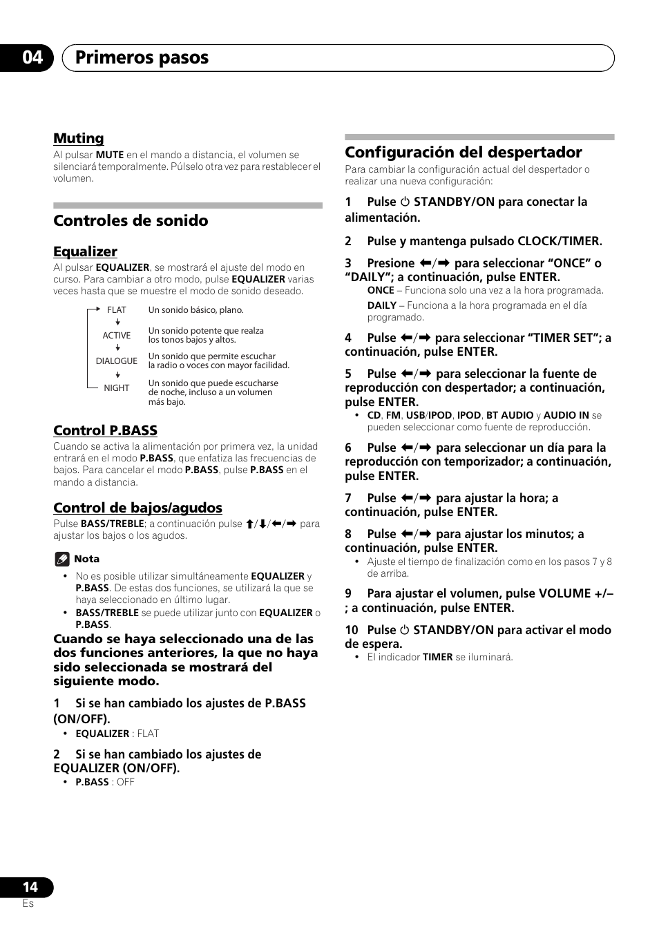 Muting, Controles de sonido, Equalizer control p.bass control de bajos/agudos | Configuración del despertador, Primeros pasos 04, Equalizer, Control p.bass, Control de bajos/agudos | Pioneer X-SMC00BT User Manual | Page 194 / 256