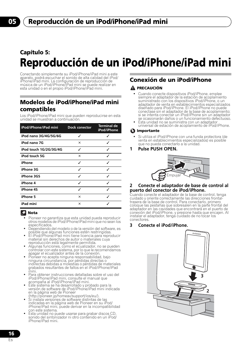 05 reproducción de un ipod/iphone/ipad mini, Reproducción de un ipod/iphone/ipad mini, Reproducción de un ipod/iphone/ipad mini 05 | Capítulo 5, Modelos de ipod/iphone/ipad mini compatibles, Conexión de un ipod/iphone | Pioneer X-SMC00BT User Manual | Page 196 / 256
