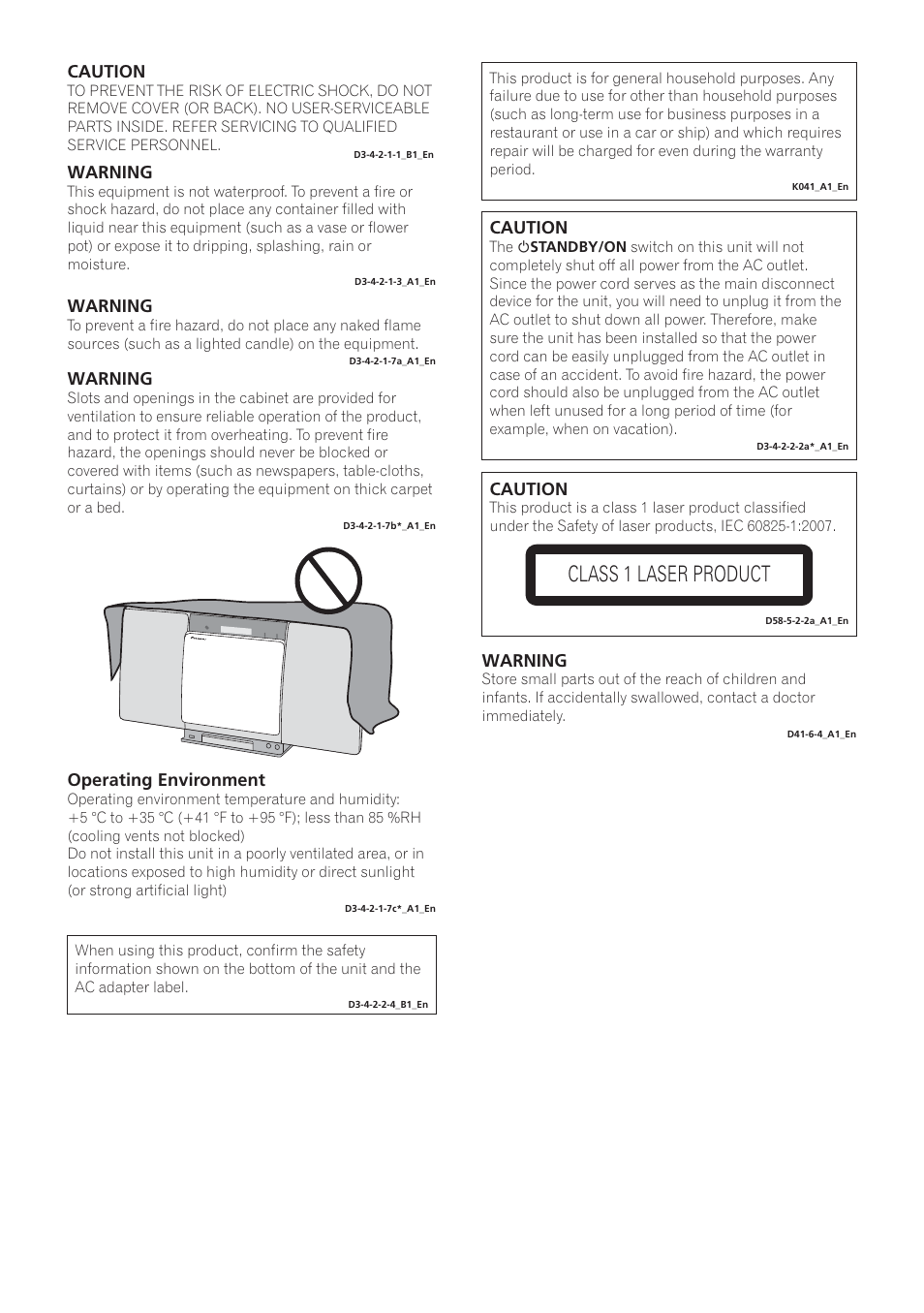 Class 1 laser product, Caution, Warning | Operating environment | Pioneer X-SMC00BT User Manual | Page 2 / 256