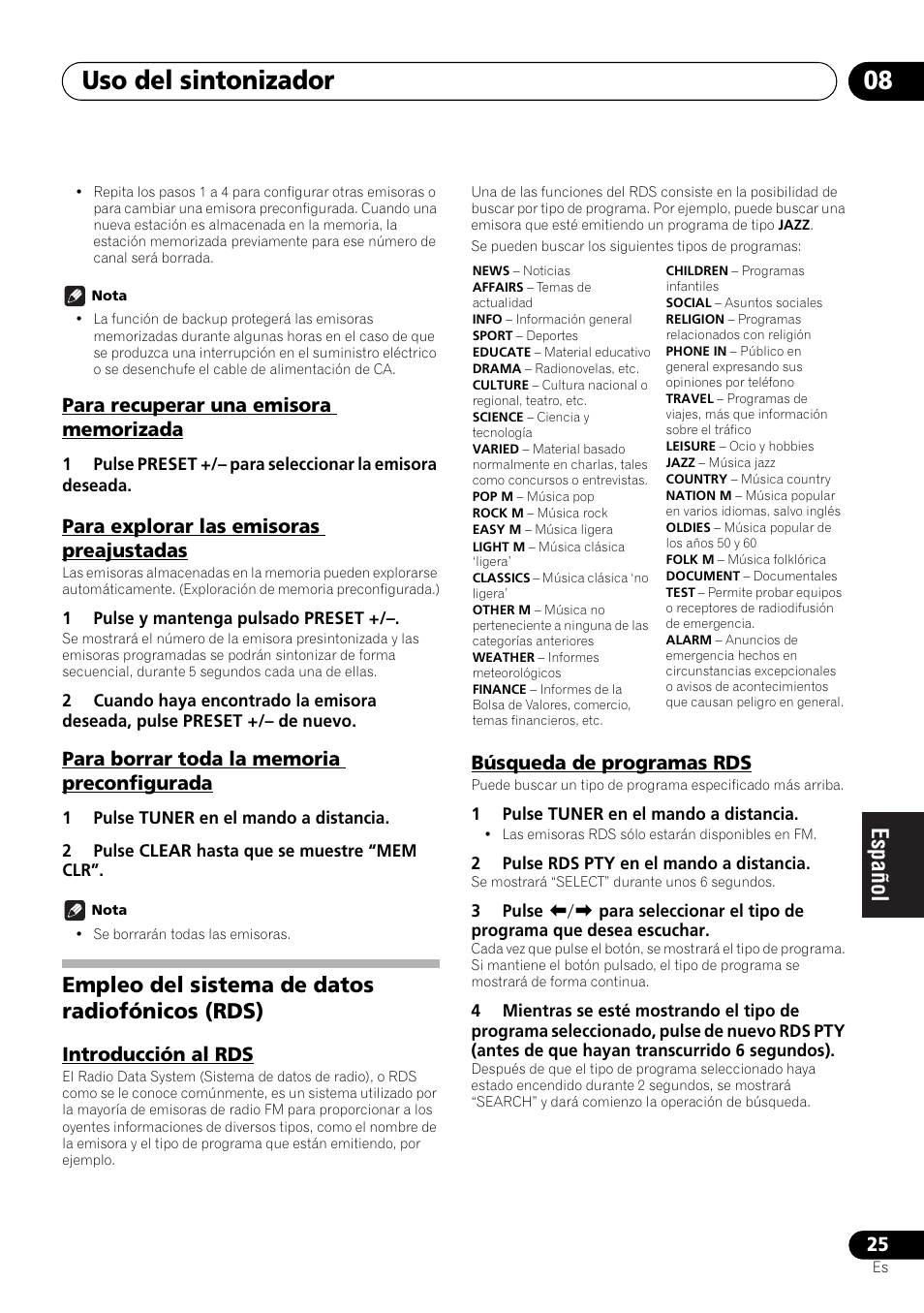 Empleo del sistema de datos radiofónicos (rds), Introducción al rds búsqueda de programas rds, Uso del sintonizador 08 | Pioneer X-SMC00BT User Manual | Page 205 / 256