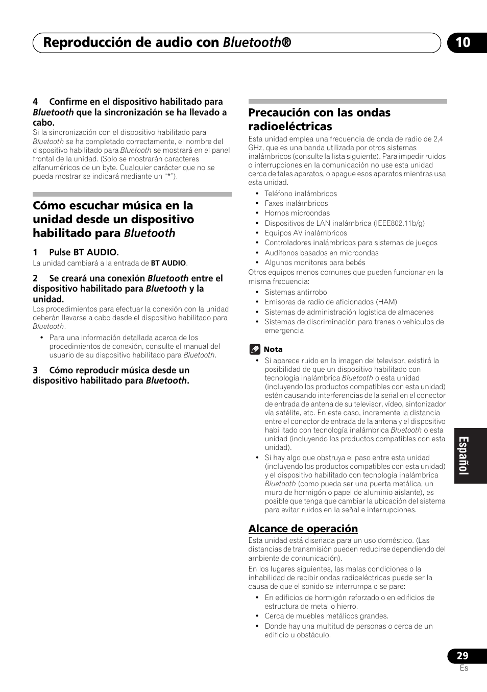 Alcance de operación, Reproducción de audio con bluetooth, Precaución con las ondas radioeléctricas | Pioneer X-SMC00BT User Manual | Page 209 / 256