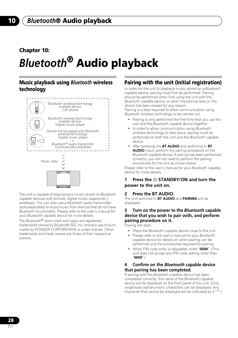 10 bluetooth ® audio playback, Bluetooth, Audio playback | Bluetooth ® audio playback, Chapter 10, Music playback using bluetooth wireless technology, Pairing with the unit (initial registration) | Pioneer X-SMC00BT User Manual | Page 28 / 256