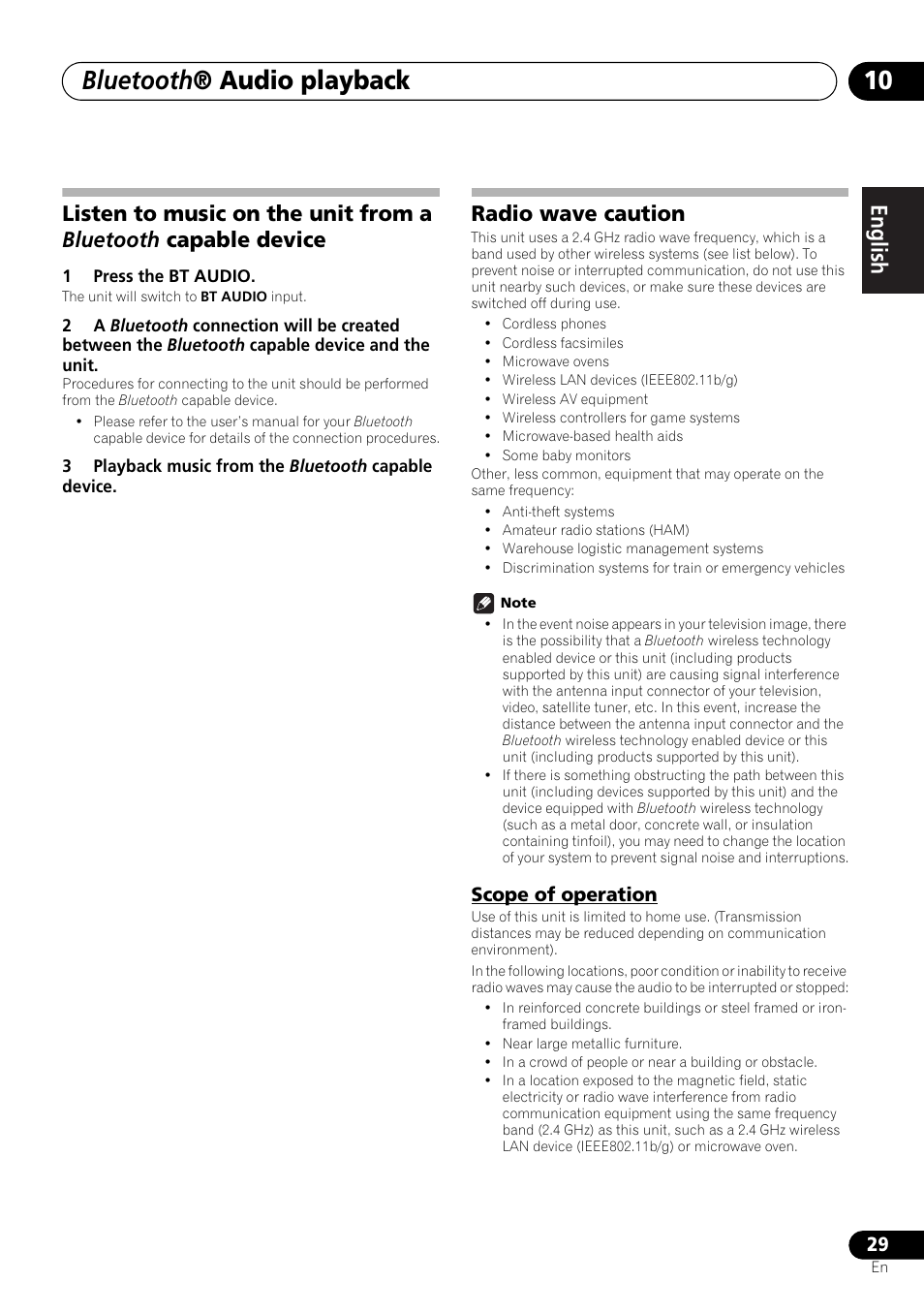 Scope of operation, Bluetooth ® audio playback, English français español | Radio wave caution | Pioneer X-SMC00BT User Manual | Page 29 / 256