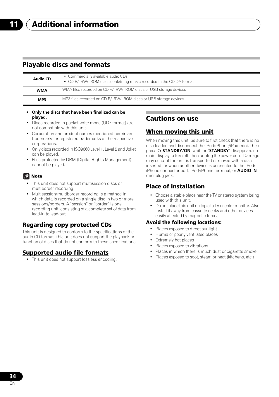 Playable discs and formats, Cautions on use, When moving this unit place of installation | Additional information 11, Regarding copy protected cds, Supported audio file formats, When moving this unit, Place of installation | Pioneer X-SMC00BT User Manual | Page 34 / 256