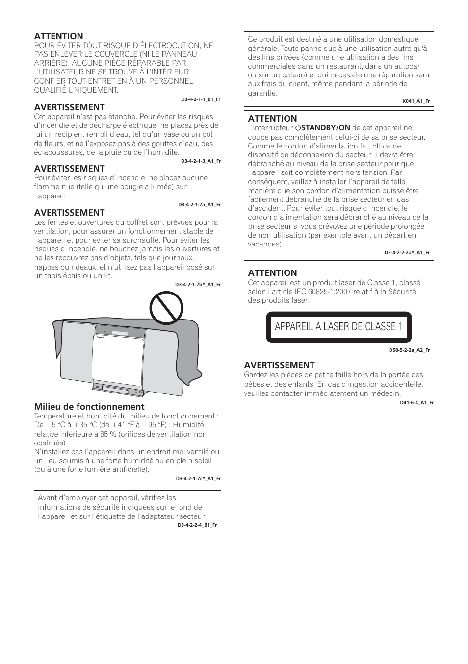 X-smc_syxe8_fr_0121-2, Appareil à laser de classe 1, Attention | Milieu de fonctionnement, Avertissement | Pioneer X-SMC00BT User Manual | Page 38 / 256