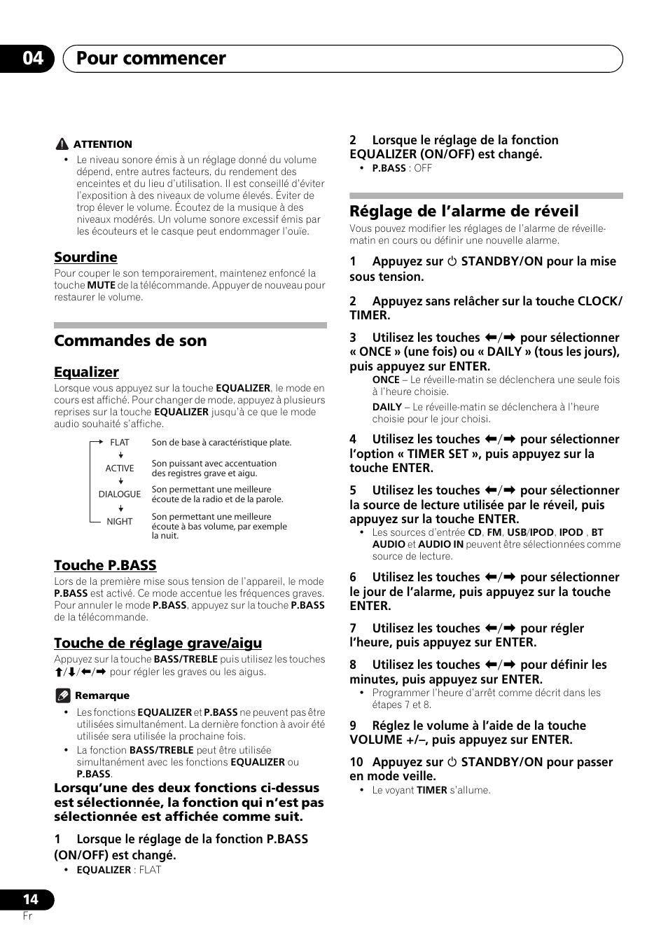 Sourdine, Commandes de son, Réglage de l’alarme de réveil | Pour commencer 04, Equalizer, Touche p.bass, Touche de réglage grave/aigu | Pioneer X-SMC00BT User Manual | Page 50 / 256