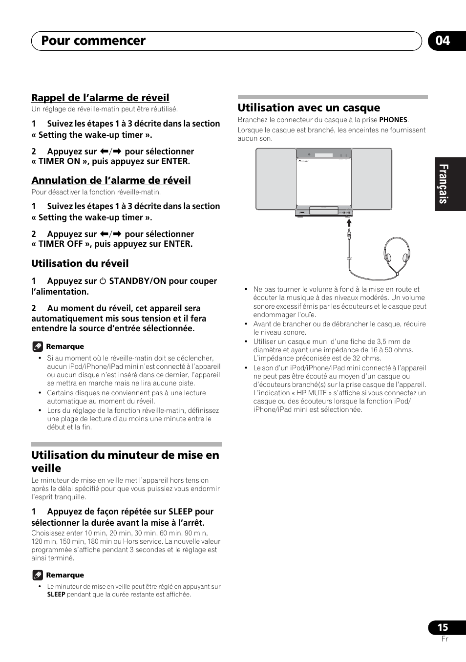 Pour commencer 04, Utilisation du minuteur de mise en veille, Utilisation avec un casque | Pioneer X-SMC00BT User Manual | Page 51 / 256