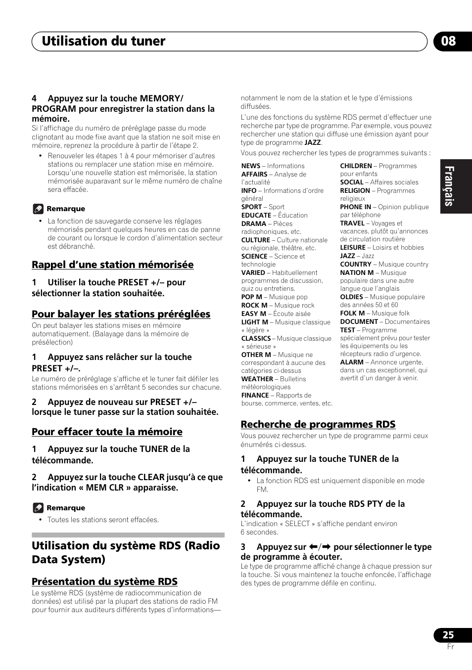 Utilisation du système rds (radio data system), Utilisation du tuner 08 | Pioneer X-SMC00BT User Manual | Page 61 / 256