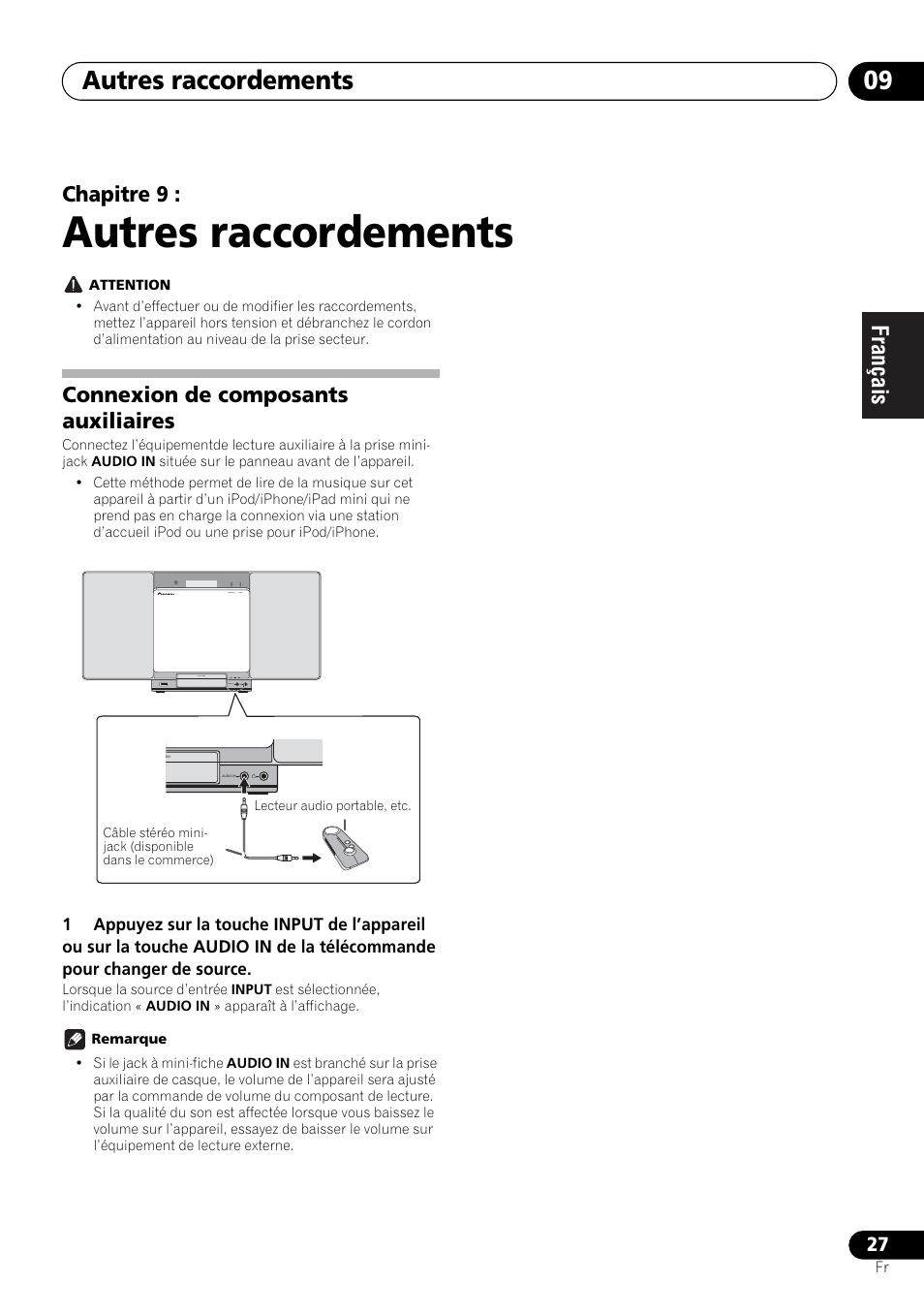 09 autres raccordements, Connexion de composants auxiliaires, Autres raccordements | Autres raccordements 09, Chapitre 9 | Pioneer X-SMC00BT User Manual | Page 63 / 256